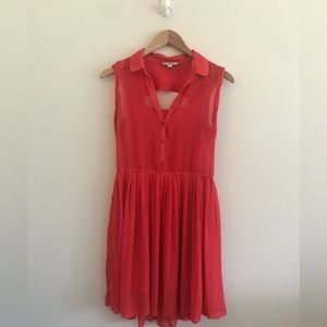 American Eagle Semi-Sheer Pleated Coral Dress with Collar
